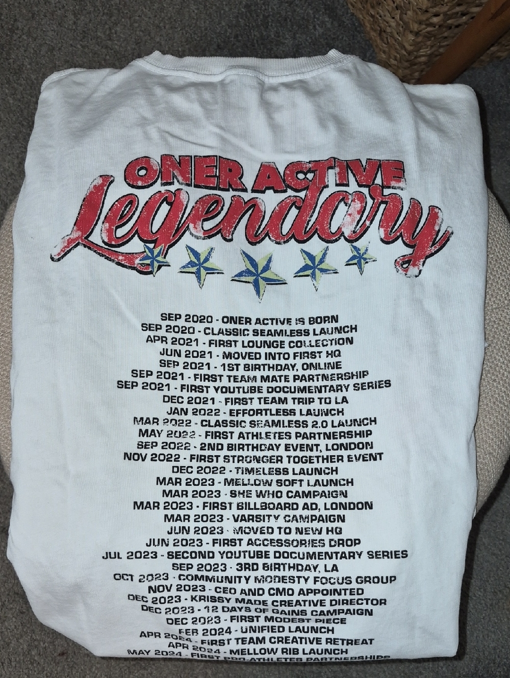 Oner Active White Tee with Red Legendary Script and Blue Stars